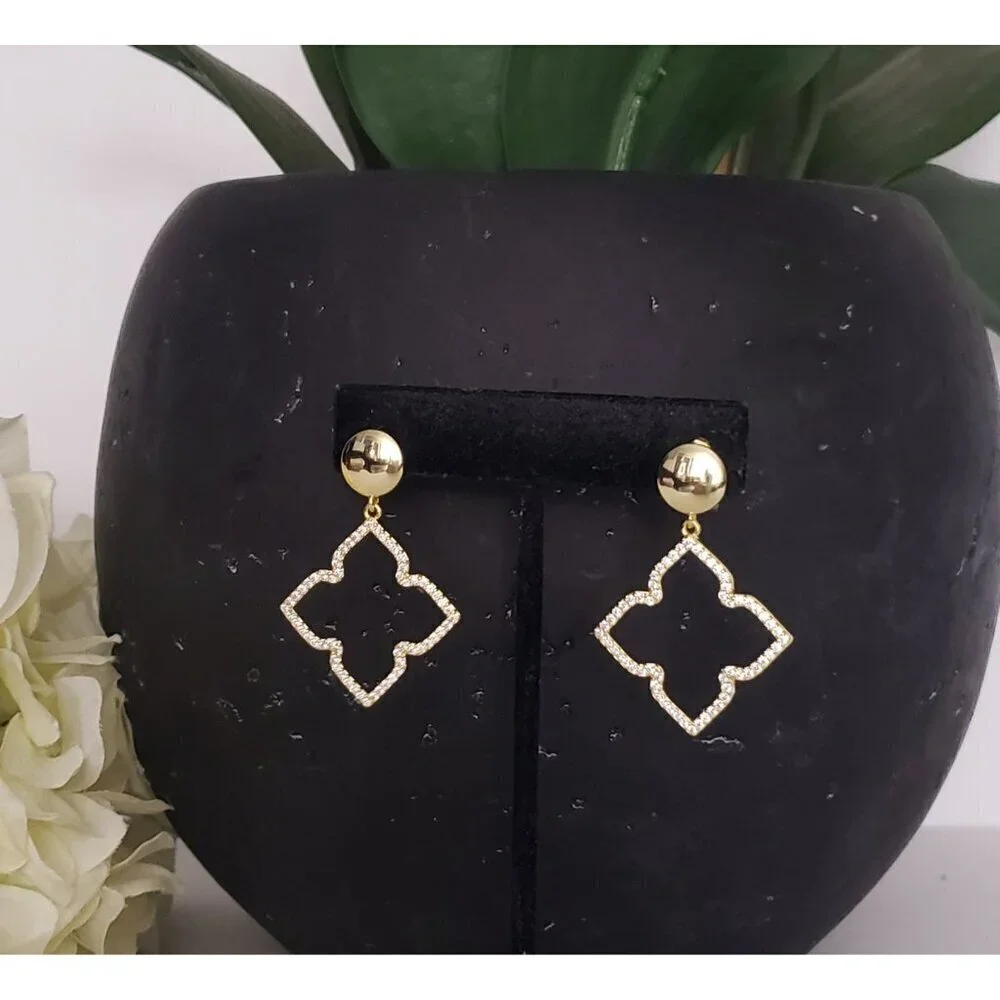 NWT Adornia 14K Gold Plated 4 Point Flower Swarovski Crystal Drop Dangle Earring